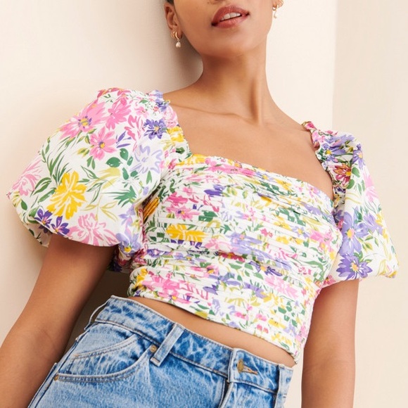 Astr Tops - ASTR The Label NEW Lin Floral Square Neck Puff Sleeve Crop Top Sz M *Flaw